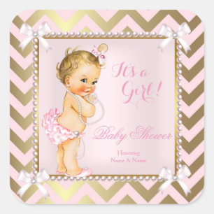 Sticker Carré Baby Shower Fille Rose Perle Or Chevron Blonde
