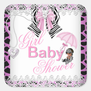 Sticker Carré Baby Shower Fille Rose Zèbre Afro-Américaine