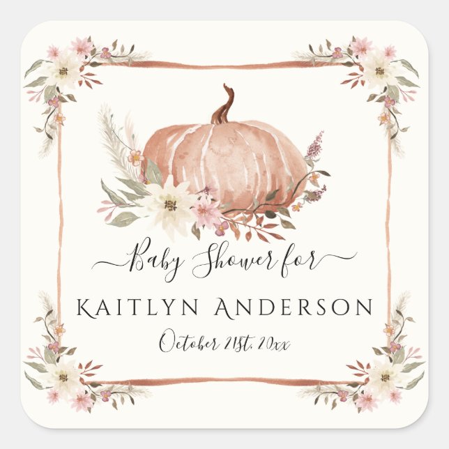 Sticker Carré Baby Shower Fleur Botanique de Citrouille d'Automn (Devant)