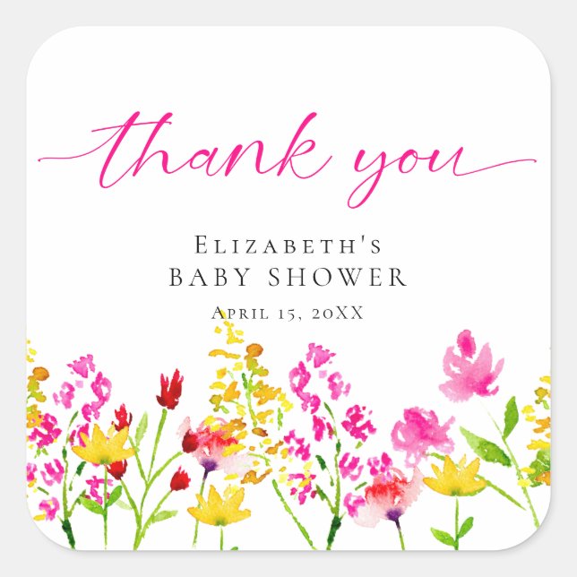 Sticker Carré Baby shower fleur sauvage Aquarelle Merci rose (Devant)