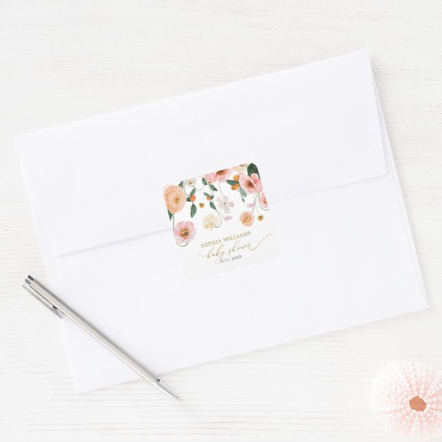 Sticker Carré Baby-Shower Fleurs de Pavot Rose (Enveloppe)