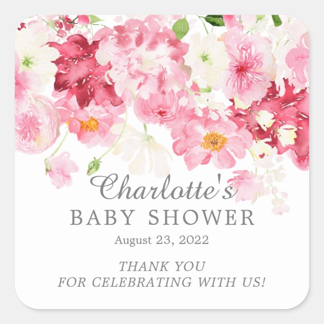 Sticker Carré Baby shower Floral aux fleurs printanières (Devant)