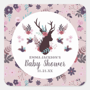 Sticker Carré Baby shower floral de la tête de cerf rustique Mau
