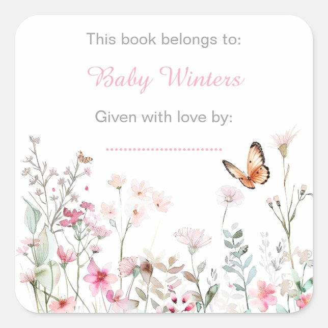Sticker Carré Baby shower floral de papillon rose profond du pri (Devant)