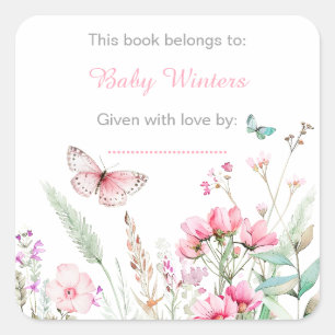 Sticker Carré Baby shower floral de papillon rose profond du pri