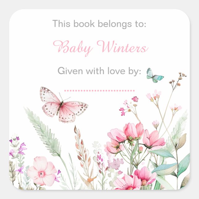 Sticker Carré Baby shower floral de papillon rose profond du pri (Devant)