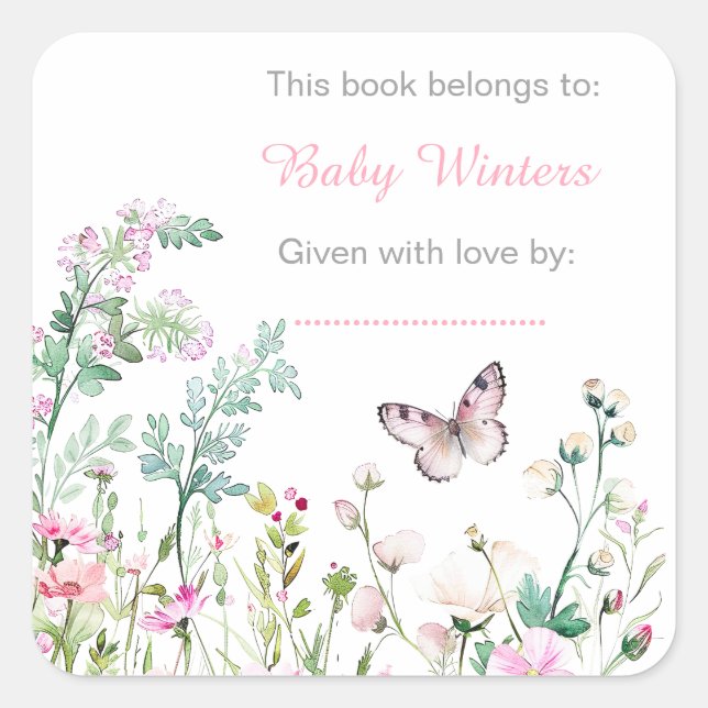 Sticker Carré Baby shower floral du papillon vert du printemps (Devant)