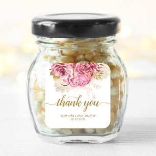 Sticker Carré Baby shower floral Merci or rose