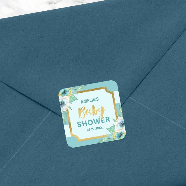 Sticker Carré Baby shower Floral Mint et Faux Gold (Créateur téléchargé)