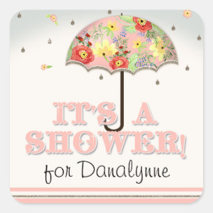 Sticker Carré Baby shower floral moderne de parapluie de