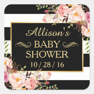 Sticker Carré Baby shower Floral noir blanc rayé Or Frame