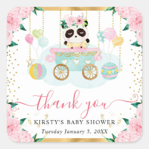 Sticker Carré Baby Shower Floral Panda Cirque Rose Aquarelle