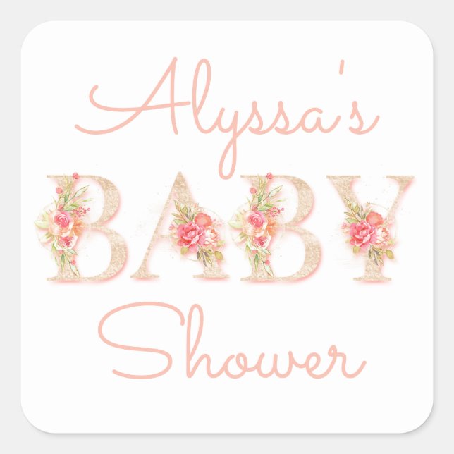 Sticker Carré Baby shower floral rose (Devant)