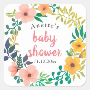 Sticker Carré Baby shower floral rose de l'aquarelle  