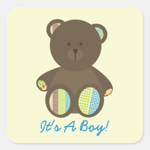 Sticker Carré Baby shower Garçon Brown pois pois de Boho Ours