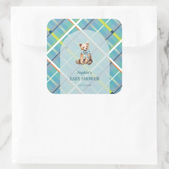 Sticker Carré Baby shower garçon en peluche turquoise (Sac)