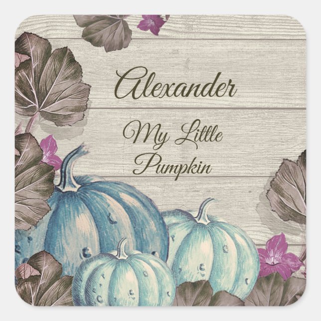 Sticker Carré Baby shower garçon gris bois automne Citrouille bl (Devant)