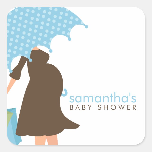 Sticker Carré Baby shower Garçon Maman Parapluie Bleu (Devant)