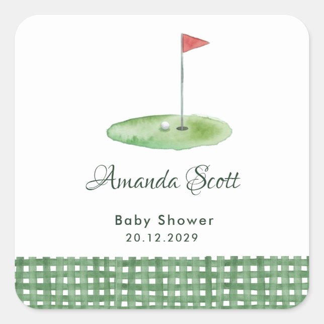 Sticker Carré Baby Shower Gingham Vert de Golf (Devant)