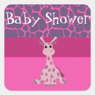 Sticker Carré Baby-Shower Girafe Rose