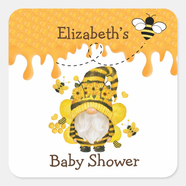Sticker Carré Baby shower Gnome de l'abeille et des tournesols (Devant)
