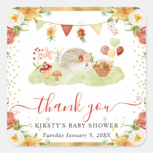 Sticker Carré Baby Shower Hérisson de la Forêt à l'Aquarelle