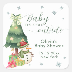 Sticker Carré Baby Shower Hivernal Moderne Bonhomme de Neige Ver
