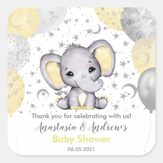 Sticker Carré Baby shower jaune mignon Eléphant Ballons Carré S (Devant)