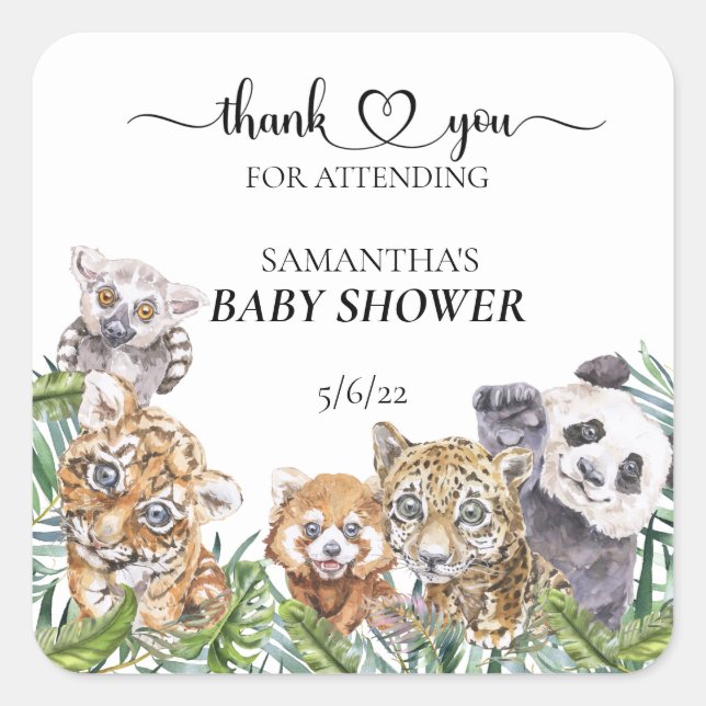 Sticker Carré Baby shower Jungle tropicale Les animaux privilégi (Devant)