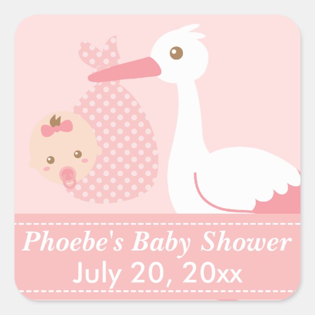 Sticker Carré Baby shower - La cigogne livre mignonne bébé fille (Devant)