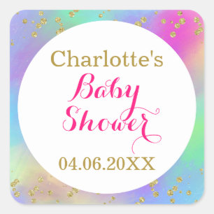 Sticker Carré Baby Shower Licorne Coloré Paillettes Dorées Fille