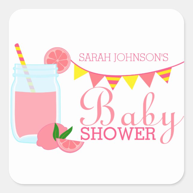 Sticker Carré Baby shower limonade rose (Devant)