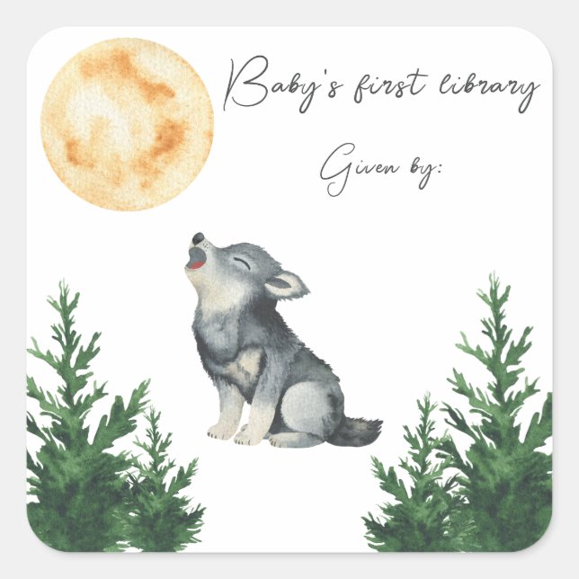 Sticker Carré Baby Shower Loup Bébé's première bibliothèque  (Devant)