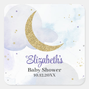 Sticker Carré Baby shower Lune Parties scintillant d'or