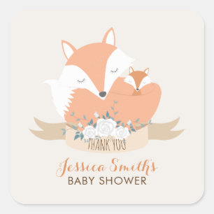 Sticker Carré Baby shower Maman et Baby Fox