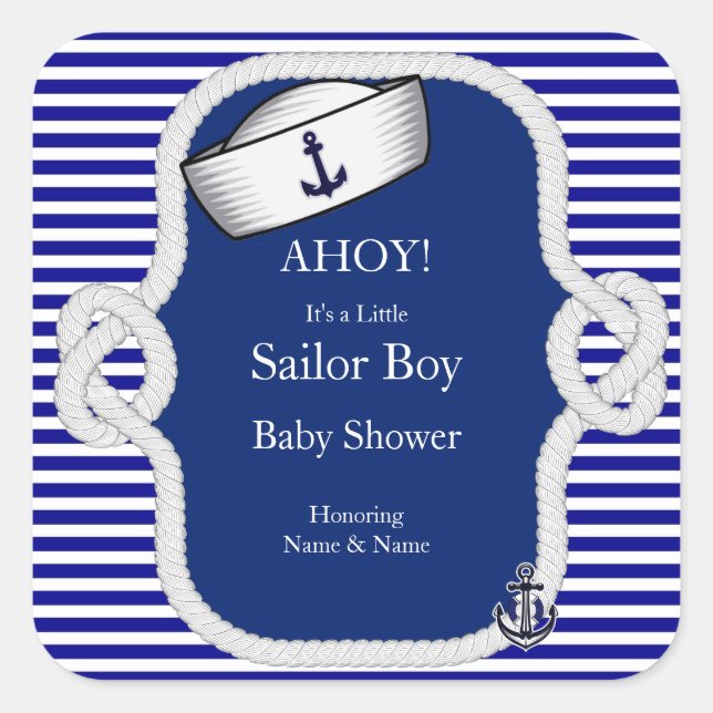 Sticker Carré Baby shower marin Casquette Boy Blue Stripe (Devant)