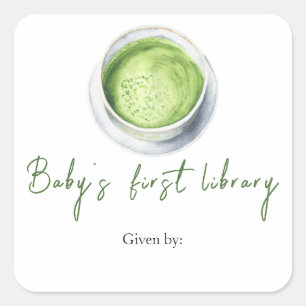 Sticker Carré Baby shower Matcha Latte - première bibliothèque d