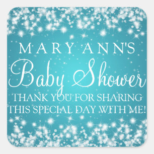 Sticker Carré Baby shower Merci hiver Étincelle Turquoise