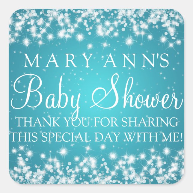 Sticker Carré Baby shower Merci hiver Étincelle Turquoise (Devant)