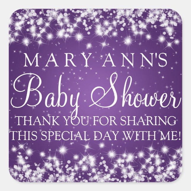 Sticker Carré Baby shower Merci Hiver Étincelle Violet (Devant)