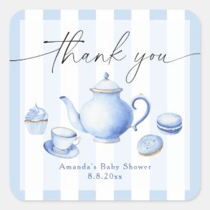 Sticker Carré Baby Shower Merci pour la fête du thé bleu