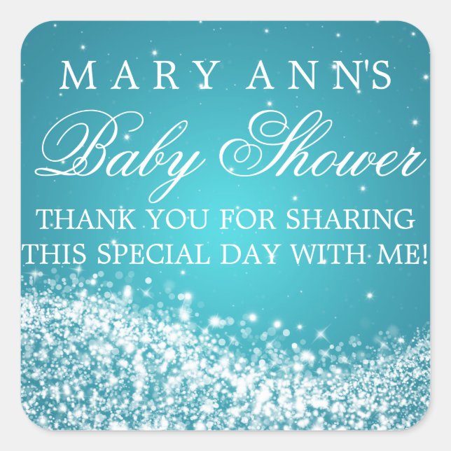 Sticker Carré Baby shower Merci Sparkling Vague Turquoise (Devant)
