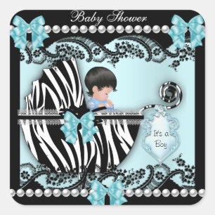 Sticker Carré Baby Shower Mignon Bébé Garçon Bleu Zèbre Dentelle