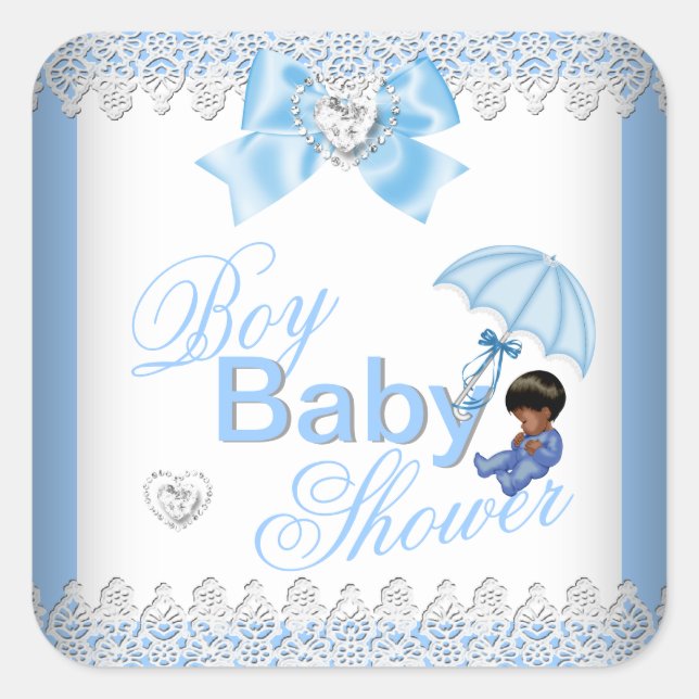 Sticker Carré Baby shower mignon Garçon bleu blanc Afro-Américai (Devant)