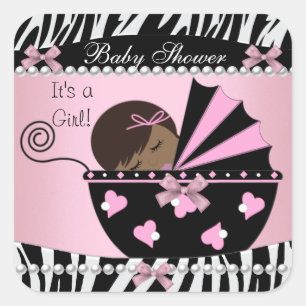 Sticker Carré Baby Shower Mignonne Bébé Fille Imprimé Zèbre Rose