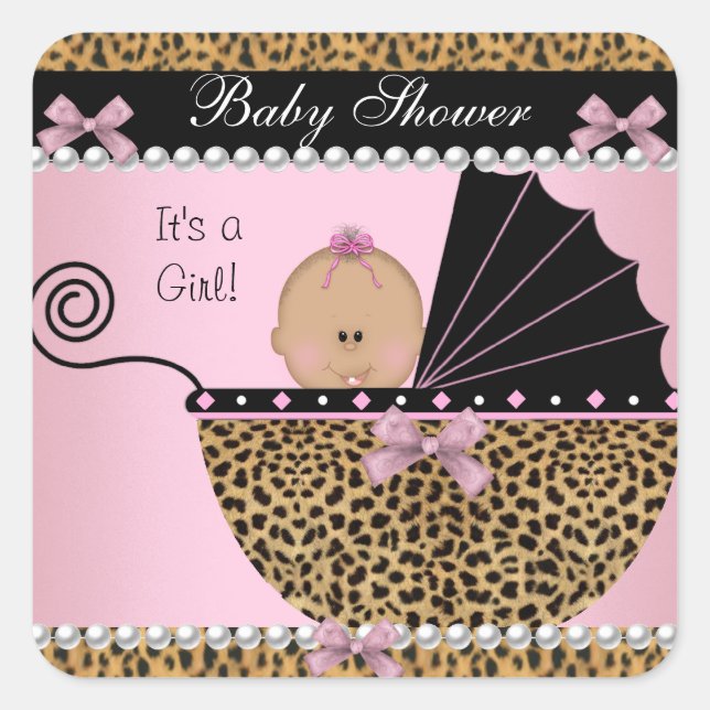 Sticker Carré Baby shower mignonne bébé fille léopard rose (Devant)