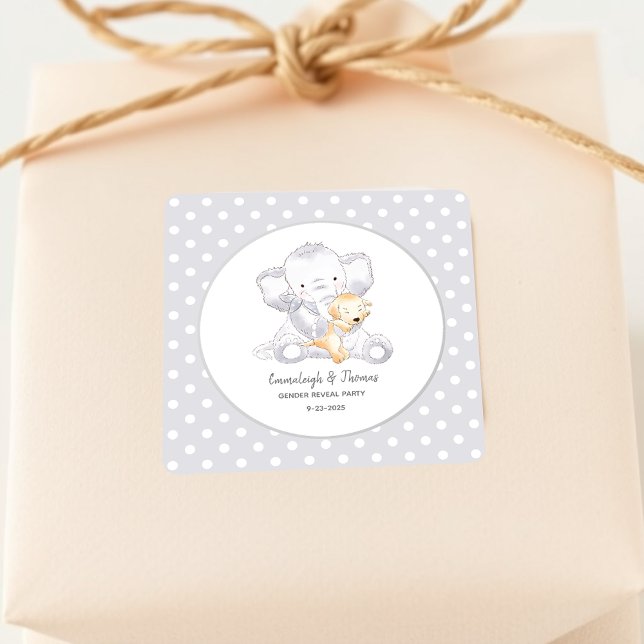Sticker Carré Baby shower moderne bébé éléphant Favoriser (Créateur téléchargé)