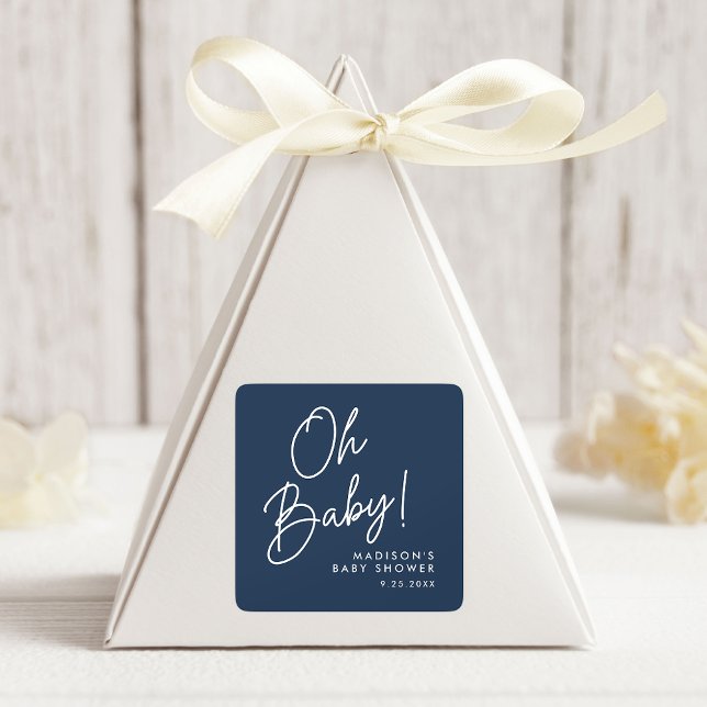 Sticker Carré Baby shower moderne Oh Baby Script Navy (Créateur téléchargé)