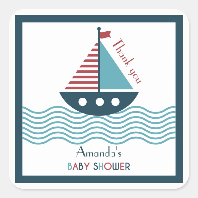 Sticker Carré Baby shower nautique rouge et bleu NAISSANCE (Devant)