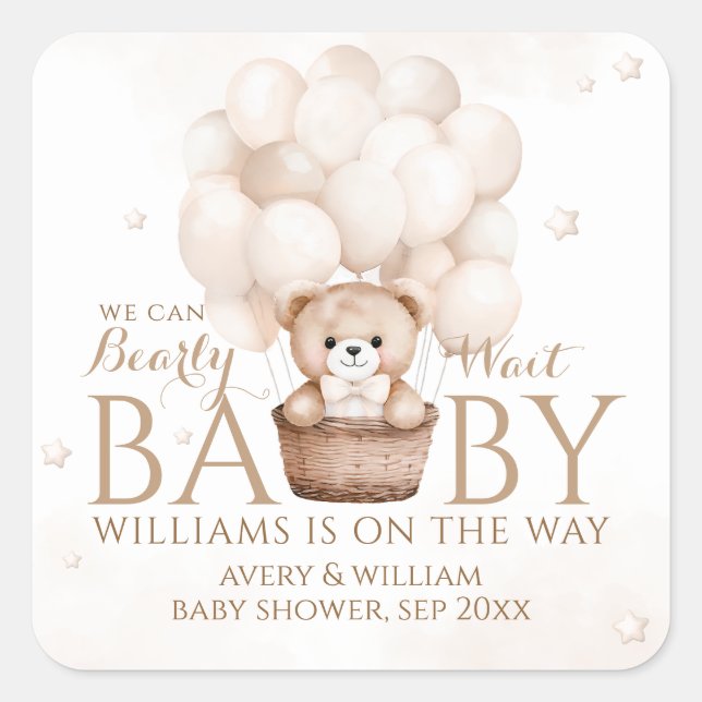 Sticker Carré Baby shower neutre à ballon en peluche (Devant)